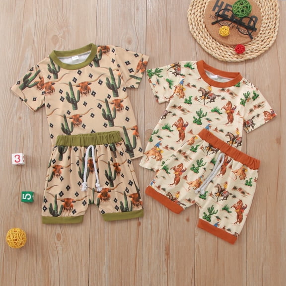 TrendOFT Baby Boy Summer Outfits Set Western Cowboy Ranch Printed Short Sleeve Top And Casual Shorts Two Piece Vacation Daily Outfit For Infant Boys' Clothing Sets Orange