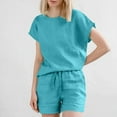 thumbnail image 2 of UVEASISHA Cotton Linen Shorts Sets for Women 2 Piece Short Sleeve Tshirt Matching Set Plus Size Lounge Sleepwear with Pockets Sky Blue XXL, 2 of 9