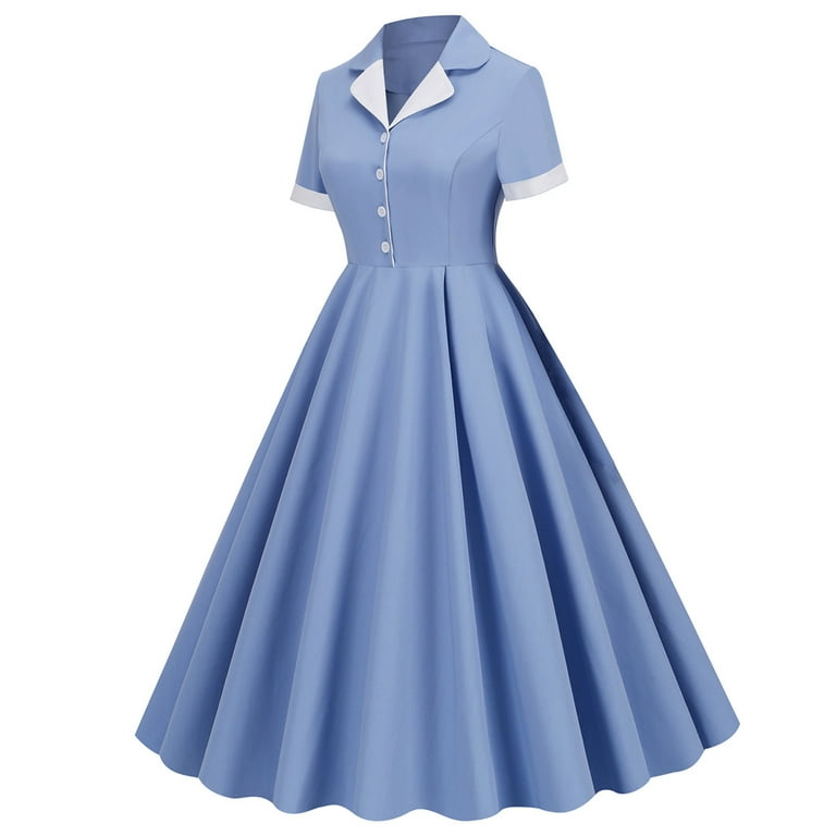 Ibtom Castle Women's Vintage Dress Plaid Floral Cocktail Party Swing Dresses 1950s Retro Gown Wedding Formal A-Line Midi Dresses S Blue + White