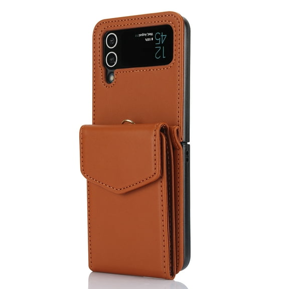 Phone Case for Samsung Galaxy Z Flip 4 Wallet Cover with RFID Blocking Crossbody Wrist Strap Stand Credit Card Holder Kickstand Leather TPU ZFlip4 Women Men Cover,Brown