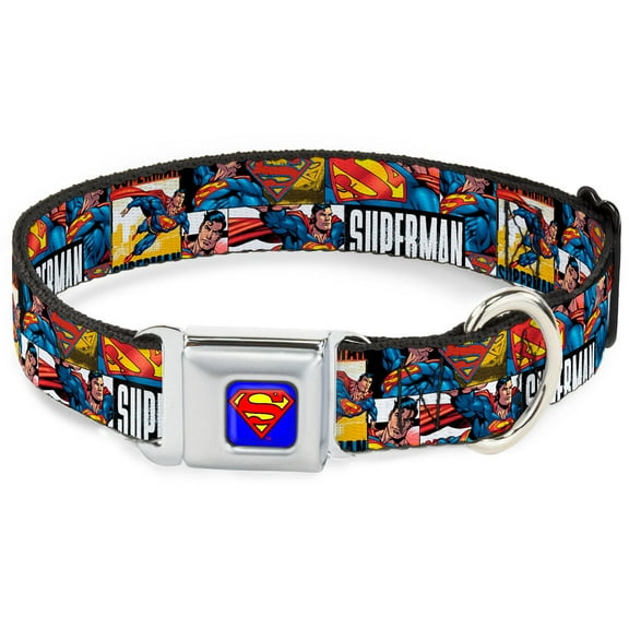 DC Comics Pet Collar, Dog Collar Metal Seatbelt Buckle, Superman Action Blocks White, 20 to 31 Inches 1.5 Inch Wide