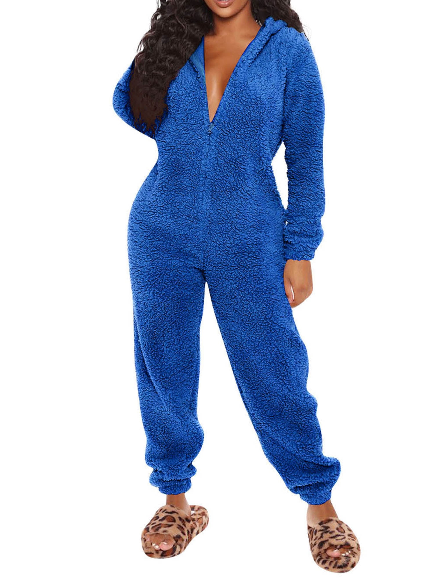 Sunisery Women One Piece Fuzzy Warm Sherpa Hooded Pajamas Jumpsuit Zip