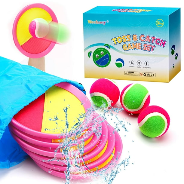 Set de 6 palas y 3 pelotas para lanzar y atrapar, color rosa, color rosa