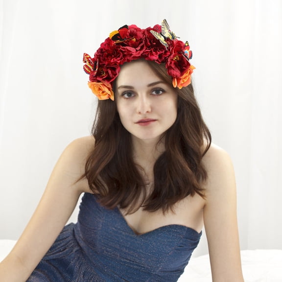 MIPCASE Red Butterfly Fabric Headband with Lifelike Flowers Decorative Hair Accessory