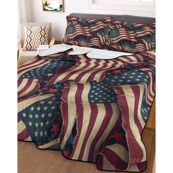 Independence Day King Size Down Alternative Comforter,Lightweight Comforter Quilt Bedding Set with Pillow Shams Red Blue USA Flag Retro Patriotic Stars Stripes Bed Comforter Duvet Insert 96"x106"