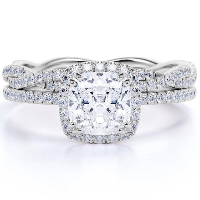 JeenMata Conjunto de Boda con Halo de Moissanita de Corte Cojín de 1,5 Quilates con Estilo Infinito con Banda Art Déco en Oro Blanco de 18 K sobre Plata