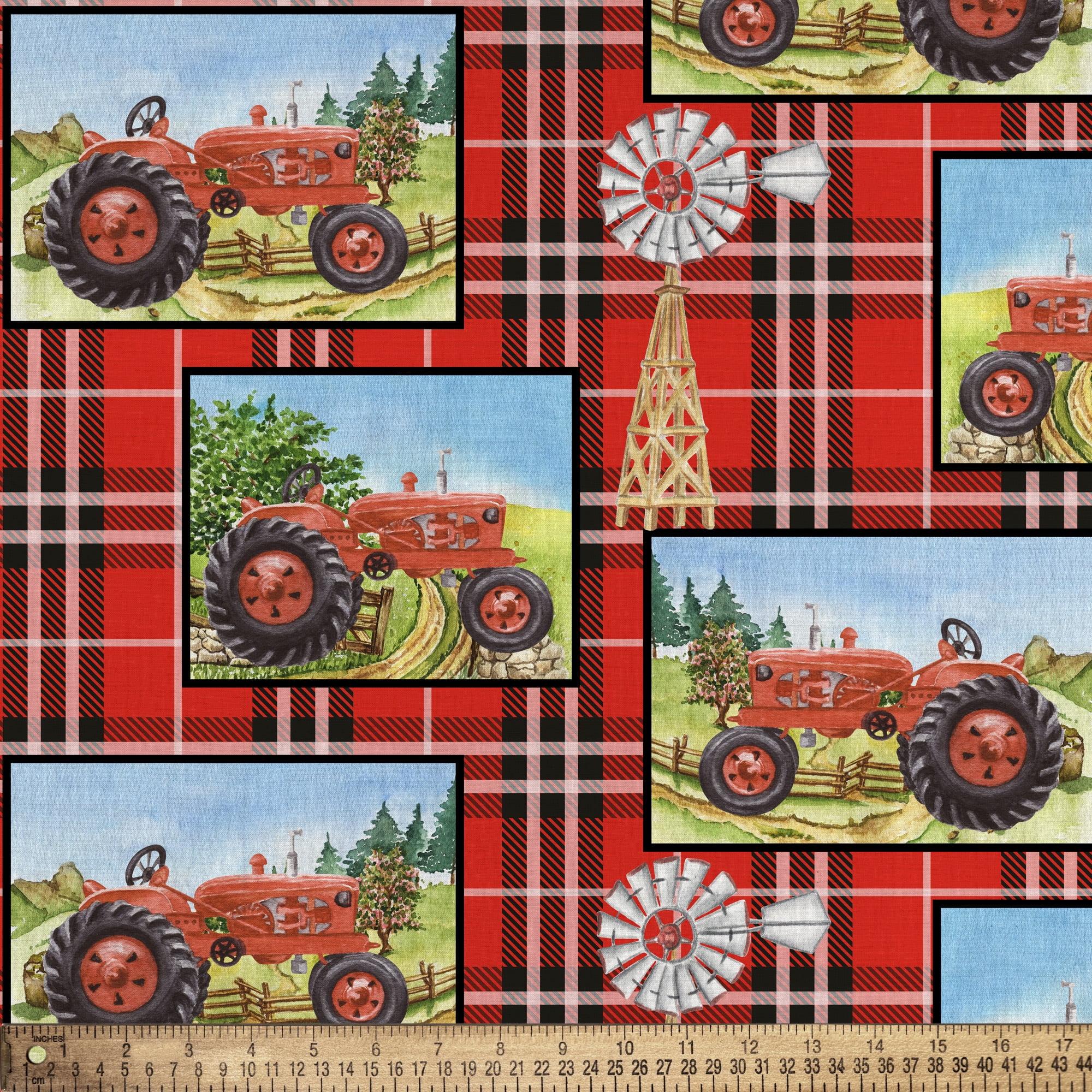 Half-Yard 100% Cotton Tractor Plaid, Red, 44" Wide for Quilting & Sewing by David Textiles