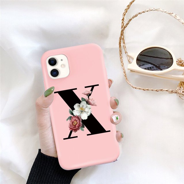 Funda de teléfono de silicona con letra inicial de Ottwn para iPhone 11 Pro 12 Pro Max X XR XS Max 7 8 Plus, funda trasera de TPU suave con flor rosa Retro Tan Jianjun unisex