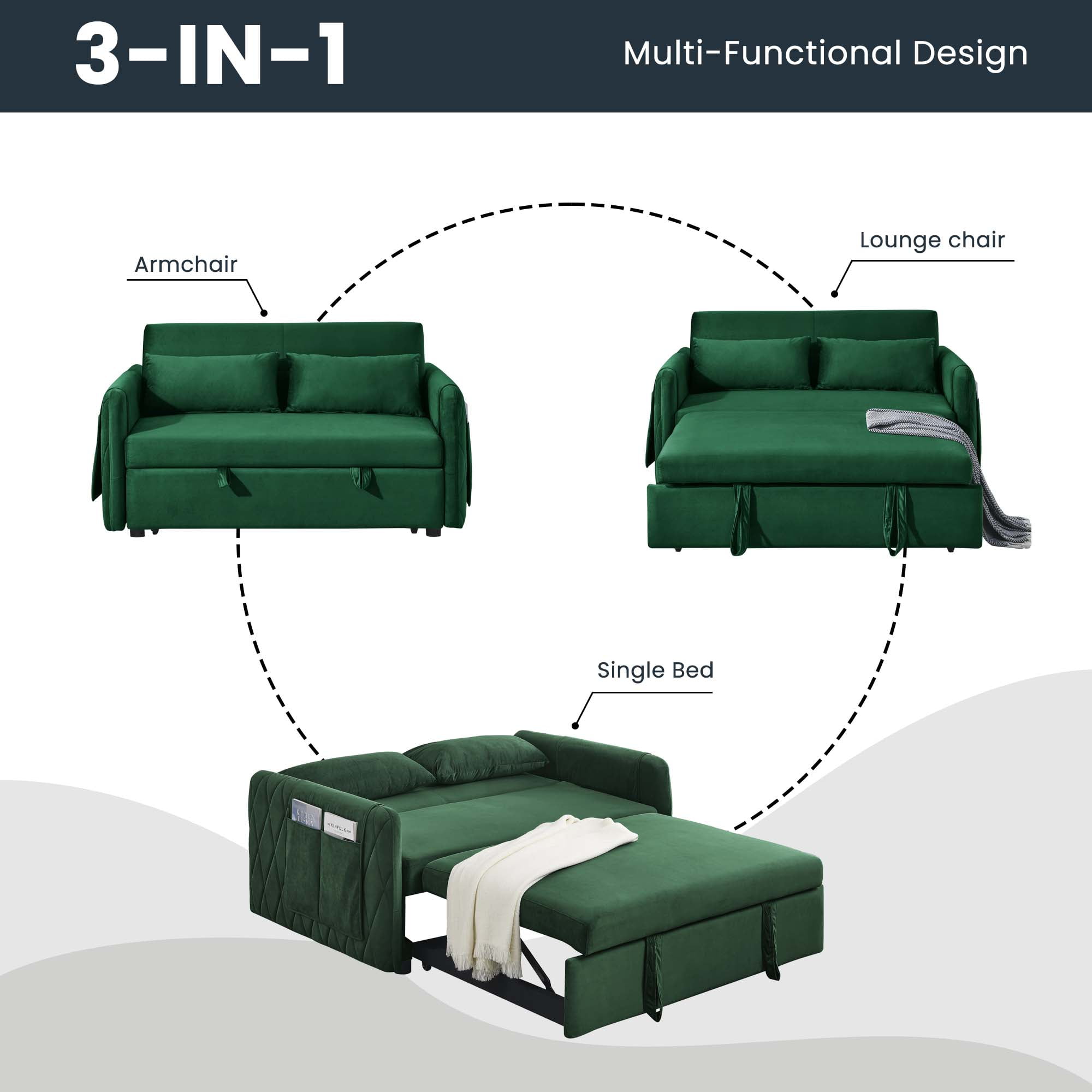 DEALTOPS 55" Modern Pull Out Loveseat Sofa Bed with 2 Detachable Arm Pockets, Green