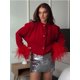thumbnail image 2 of Cárdigan de punto de manga larga con plumas de retazos rojos para mujer, suéter grueso ajustado con cuello redondo, trajes elegantes para viaje, 2 of 5