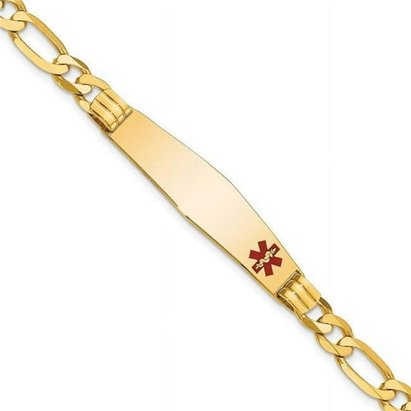Primal Gold 14 Karat Yellow Gold Medical Soft Diamond Shape Red Enamel Figaro ID Bracelet