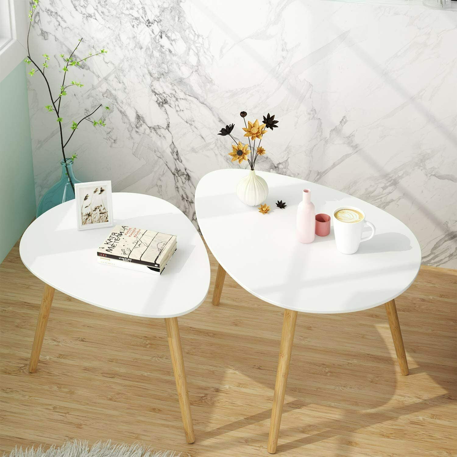 Homfa Coffee Table Nesting Table End Table Side Table Water droplet shape Home and Office White Set of 2