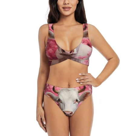 Zeuib Flower White Cow High Waisted Tummy Control Bikini Set - Knot Front Push Up Top & Cheeky Thong Bottom  Two-Piece Swimsuit for Women-Medium