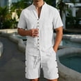 thumbnail image 3 of Short Sets for Men Cotton Linen Short Sleeve Button V Neck Stand Collar Shirt and Shorts 2 Piece Matching Set Summer Outfits, 3 of 5