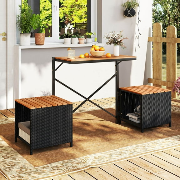 Costway 2-in-1 Outdoor Convertible Bench with Metal Frame PE Rattan Table and Chairs Set