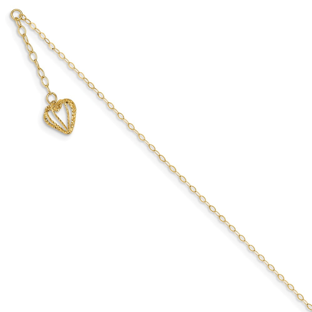 14K Two Tone Gold D/C Puffed Hearts MOM w/ 1in Ext Anklet