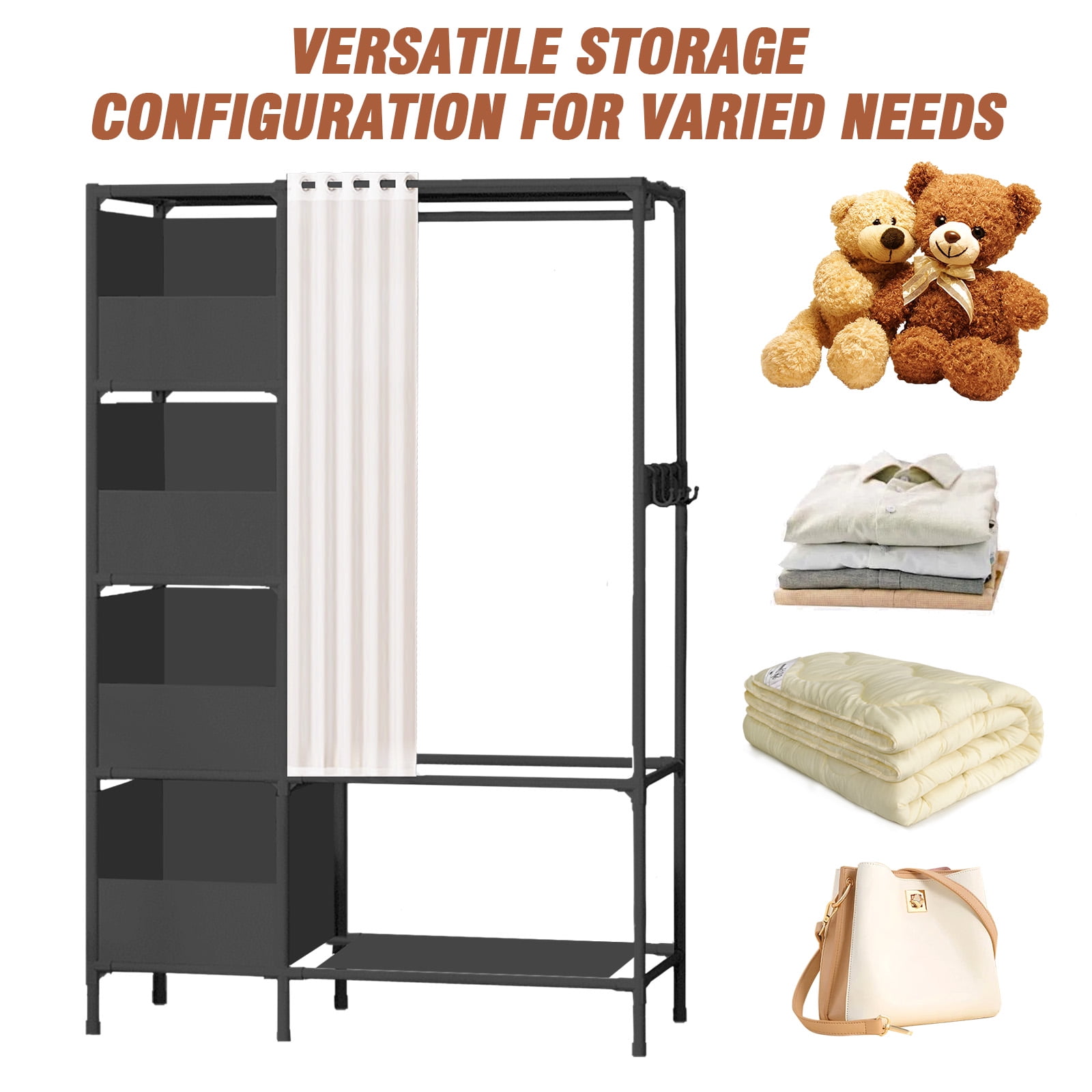 Clothes Rack, Portable Closet, Freestanding Closet Organizer with Curtain, 4 Tier Garment Rack for Bed Room, Black