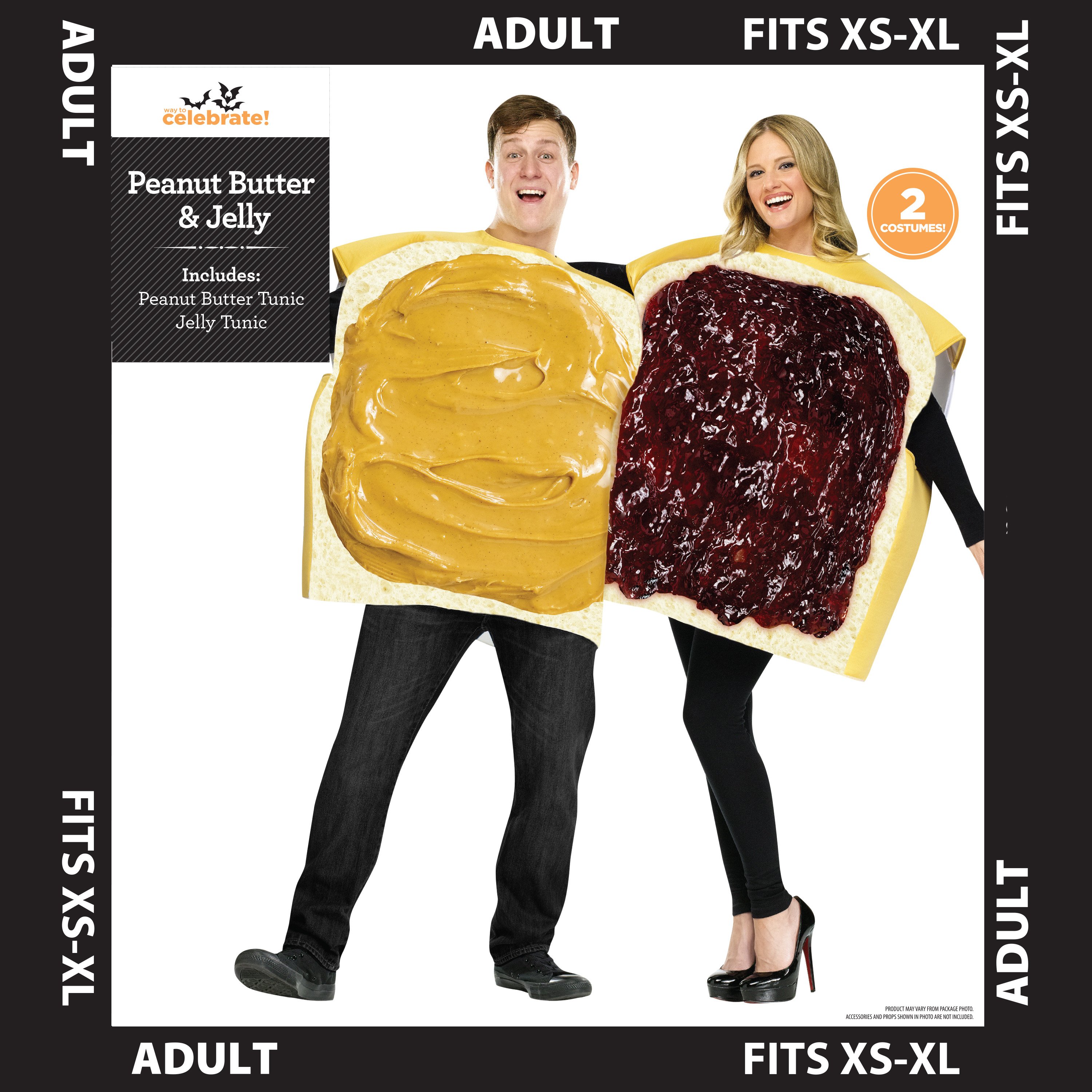 Peanut Butter and Jelly, 2pc, Couple Halloween Costume for Adults, Adult Size S-XL (28-42), by Way to Celebrate