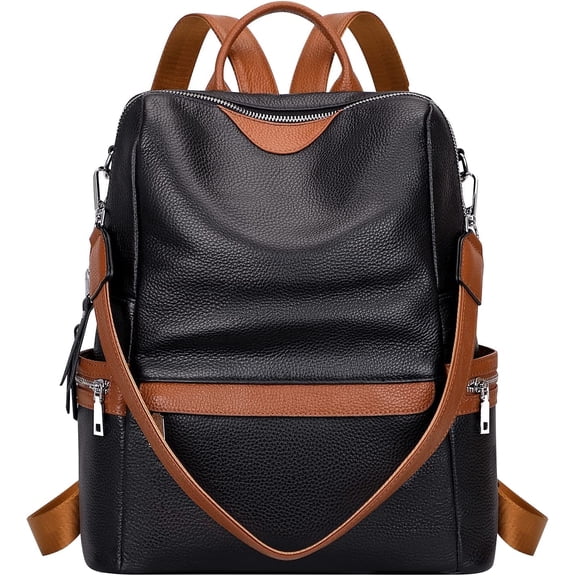 ALTOSY Women Real Leather Backpack Purse Elegant Ladies Shoulder Bag S80 Black/Brown