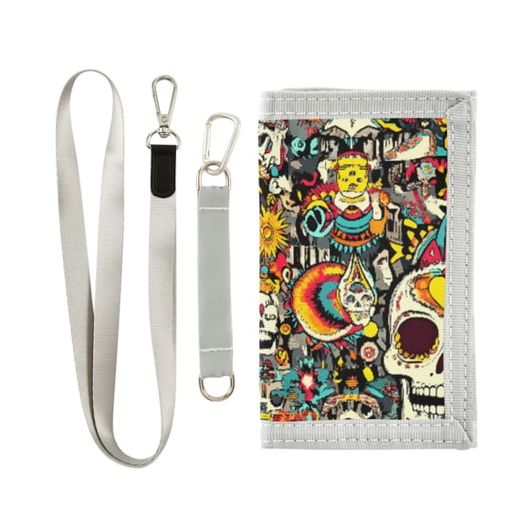 JIALIOU Nylon Trifold Card Wallet with ID Window Zipper Pocket for Men Women Teen Stylish and Cool Skull