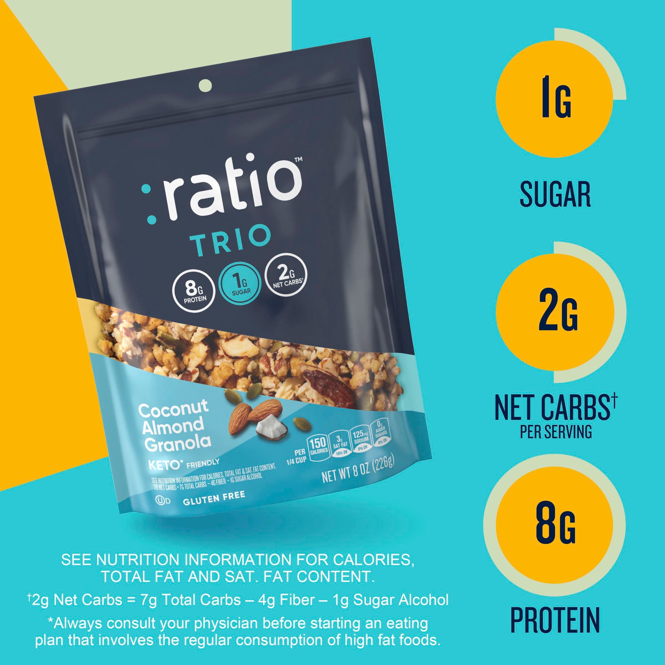 Ratio Trio Coconut Almond Granola Cereal, 1g Sugar, Keto Friendly, 8 oz Resealable Bag