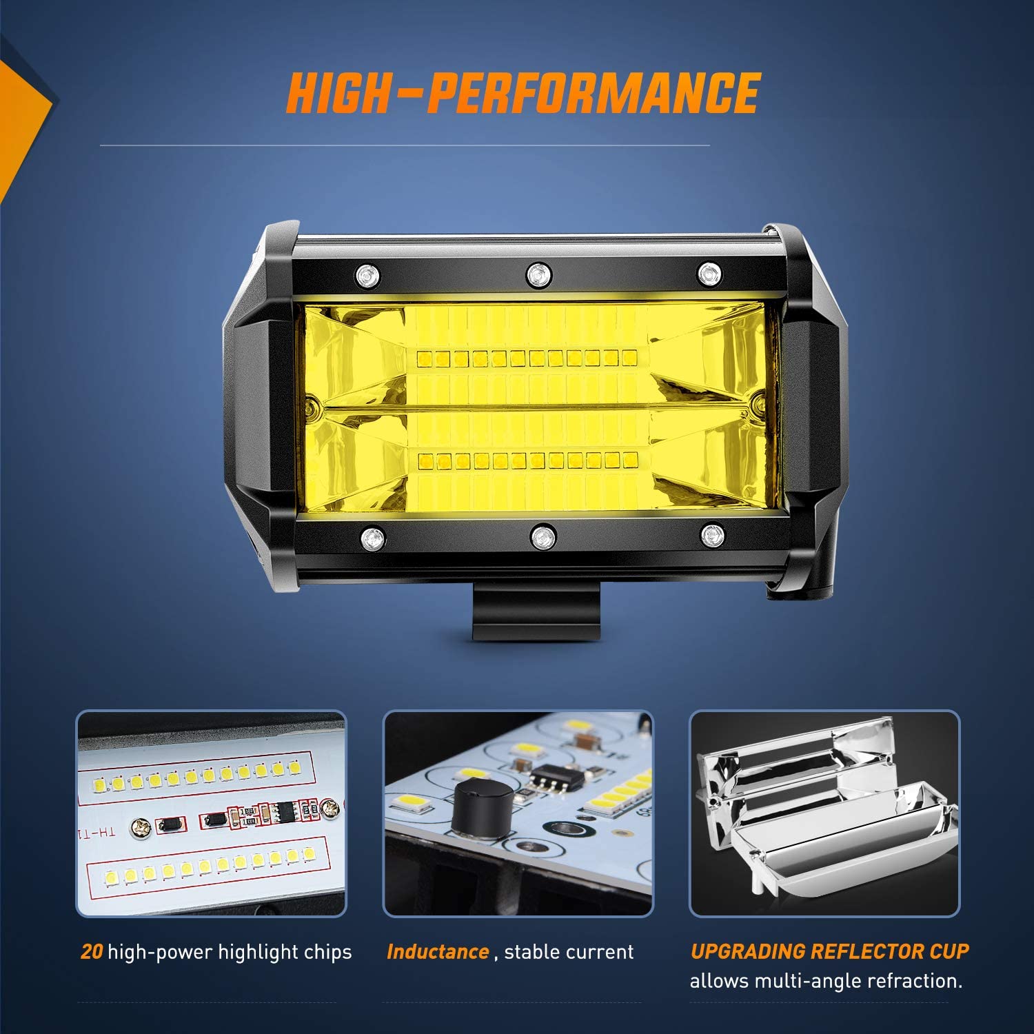 Nilight Led Light Bar 2PCS 5Inch 72W 10800Lumens Yellow Flood Beam