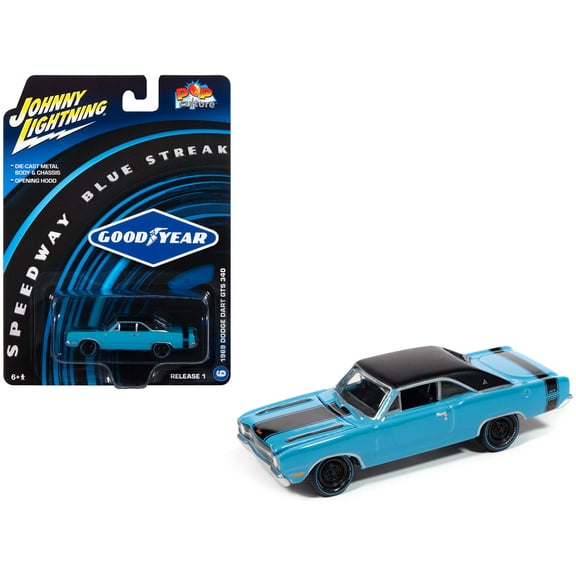 1969 Dodge Dart GTS 340 Blue with Black Top and Stripes "Goodyear Blue Streak" "Pop Culture" 2025 Release 1 1/64 Diecast Model Car by Johnny Lightning