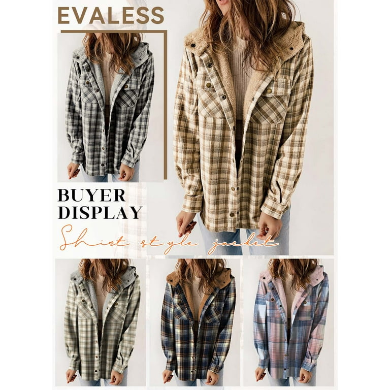 EVALESS Womens Flannel Plaid Jacket with Hooded Casual Long EVALESS Womens Flannel Plaid Jacket with Hooded Casual Long
