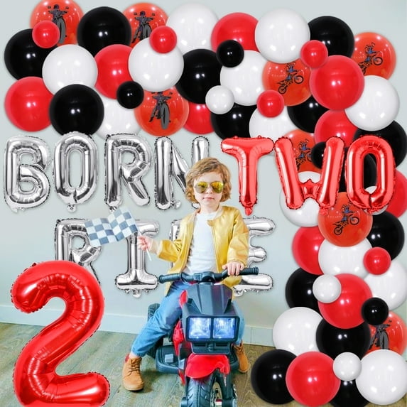 Motorcycle 2nd Birthday Party Decorations for Boy, Motorcycle Born Two Ride Balloon Banner with Black Red Balloon Garland Arch Kit for Racing Theme 2 Years Old Kid Birthday Supplies