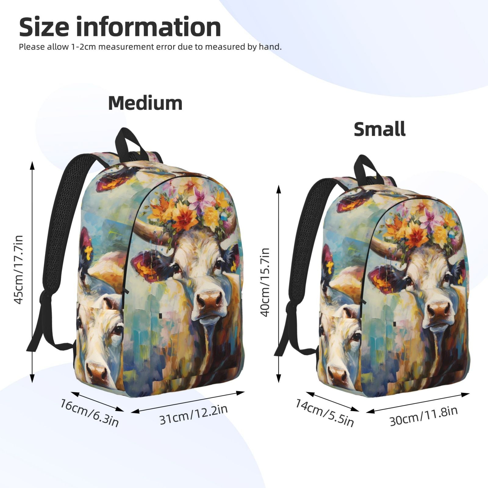 Picia Oil Painting Flower Cow Printed Canvas Daypack - Stylish and Durable Vintage Compact Backpack - Class, Work, Travel, or Laptop Bookbag,Organized Compartments-Small