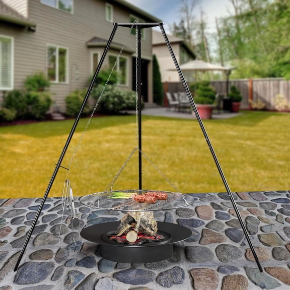 Campfire Tripod for Cooking, Portable & Collapsible Camping Cooking Tripod Grill with Round Grate for BBQ Picnic Outdoor Cookware Party