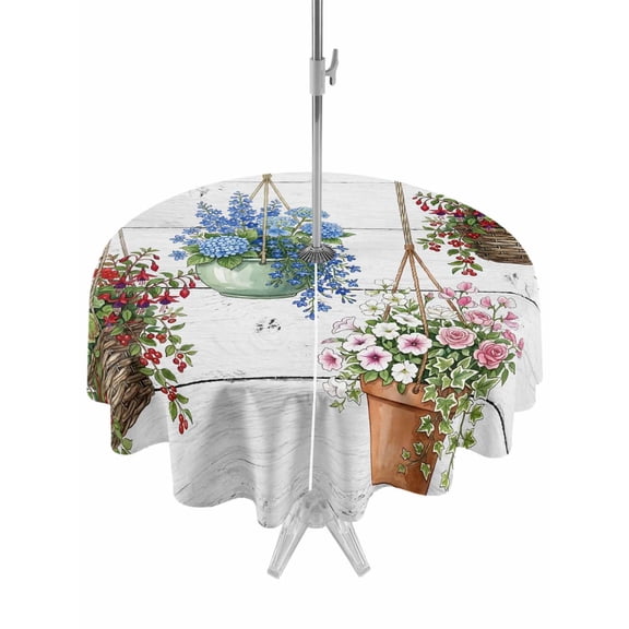 Outdoor Tablecloths with Umbrella Hole & Zipper, Spring Floral Round Tablecloths 60 Inch, Wooden Elegant Pastoral Flowers Waterproof Table Cloth, Patio/Pool/Picnic Table Covers