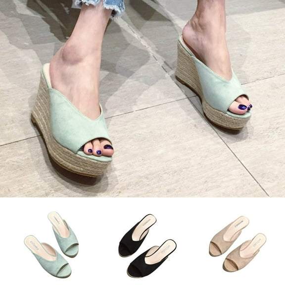 Fesfesfes Womens Slides Women's Summer One-line Wedge Heel Sandals Suede Solid Color Woven Slippers For Women 6(37)