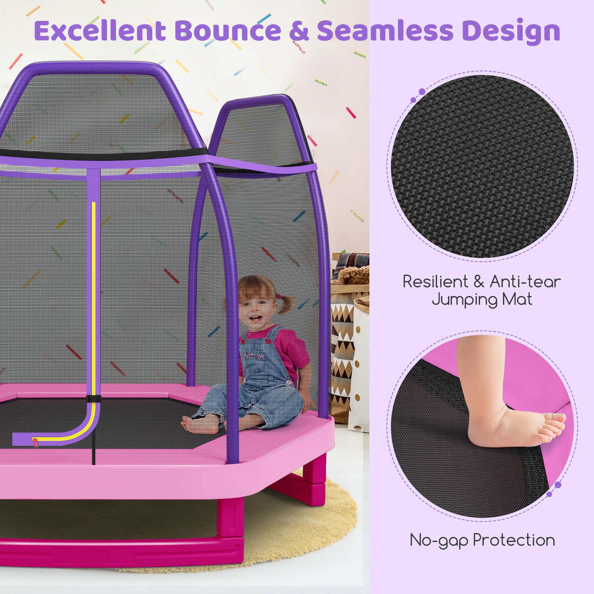 Costway 7 FT Kids Trampoline with Safety Enclosure Net Spring Pad & Jumping Mat for Kids Pink