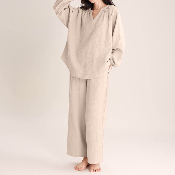 Blmnix Sleepwear Sets Women Pajama Sets Petite Pajamas Bamboo Pajamas Tops Long Sleeve Pink Full Notch Neck Wide-Leg Womens Pajama Set,M