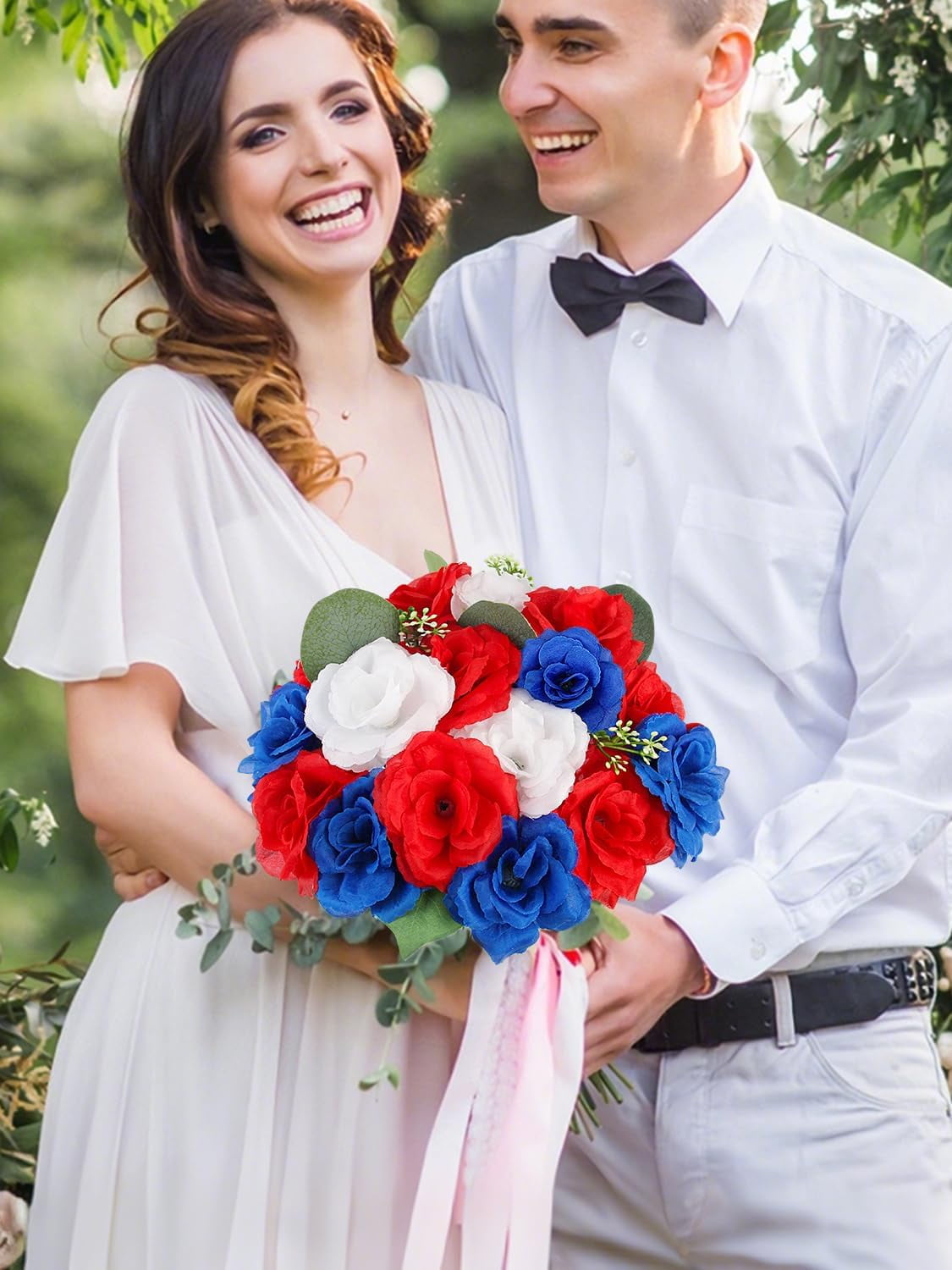 108pcs Roses Head Flowers with Stem - Red Blue White Artificial Flowers Rose Bulk - Silk Rose Fake Flower Arrangement for Patriotic Memorial Bouquet Grave Centerpieces 4th of July Veterans Party Deco
