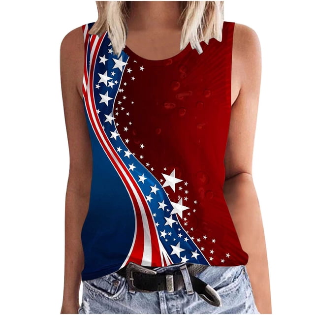 KIHOUT Débardeur Femme 4 Juillet Col Rond Sans Manches Imprimé Independence Day Multicolore G
