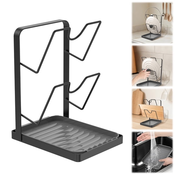 FKSZLL Kitchen Pot Lid Storage Rack 2 Layer Carbon Steel Pot Lid Holder with Bottom Tray Multifunctional Kitchen Pot Lid Organizer for Countertop