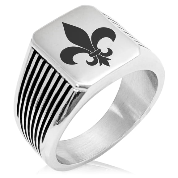 Stainless Steel Fleur De Lis Needle Stripe Pattern Biker Style Polished Ring