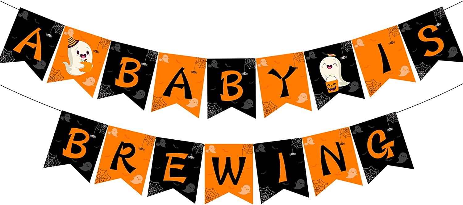 A Baby Is Brewing Baby Shower Banner, Halloween Baby Shower Decorations for Boy Girl, Black Orange Halloween Ghost Bunting Banner