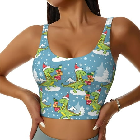 Adobk Dino Christmas Adventure Snowy Blue Print Sports Bras for Women Longline Workout Crop Tank Tops Padded with Built in Shelf Padded Sports Bra-Large