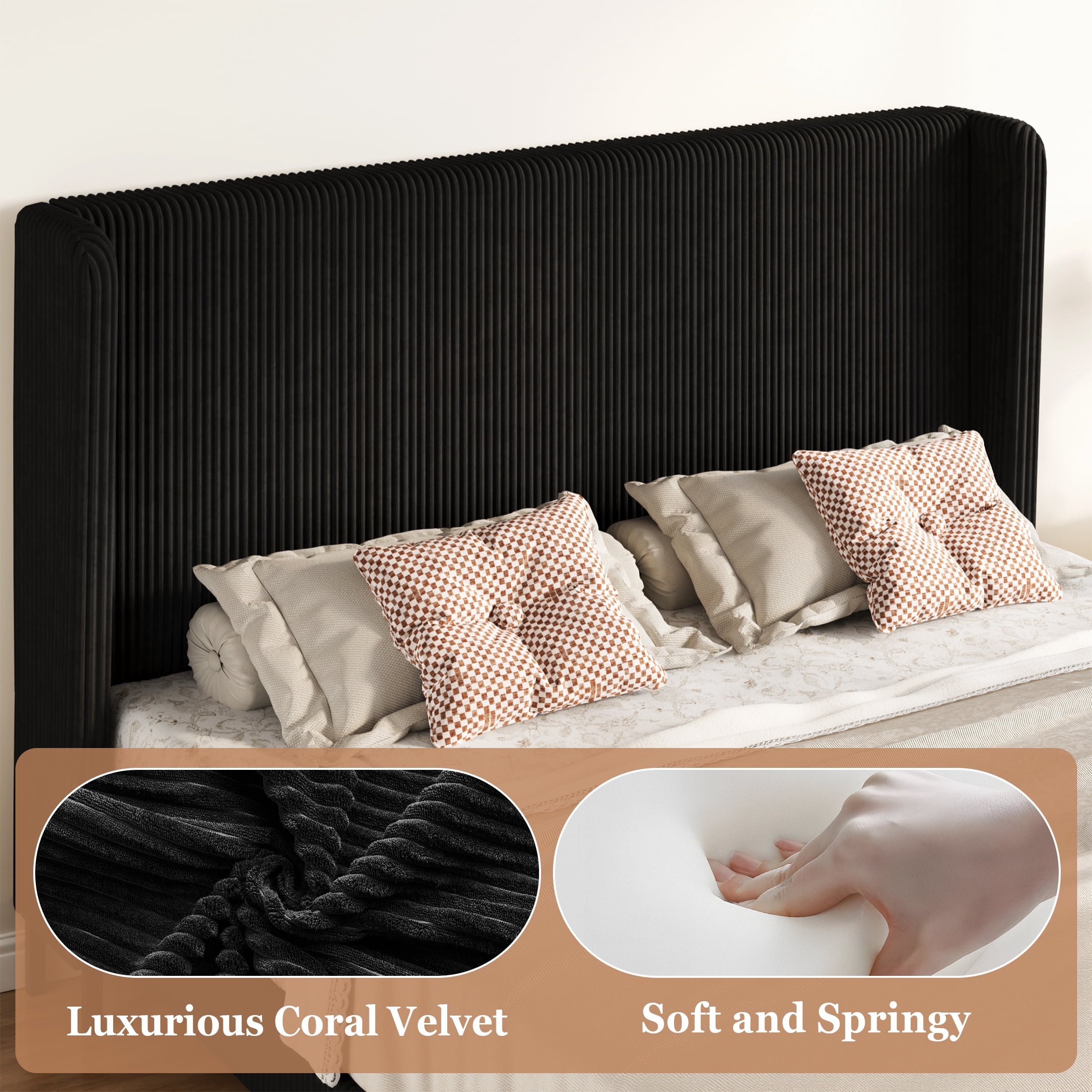 Amolife King Size Platform Bed Frame with Velvet Upholstered Wingback Headboard, Black