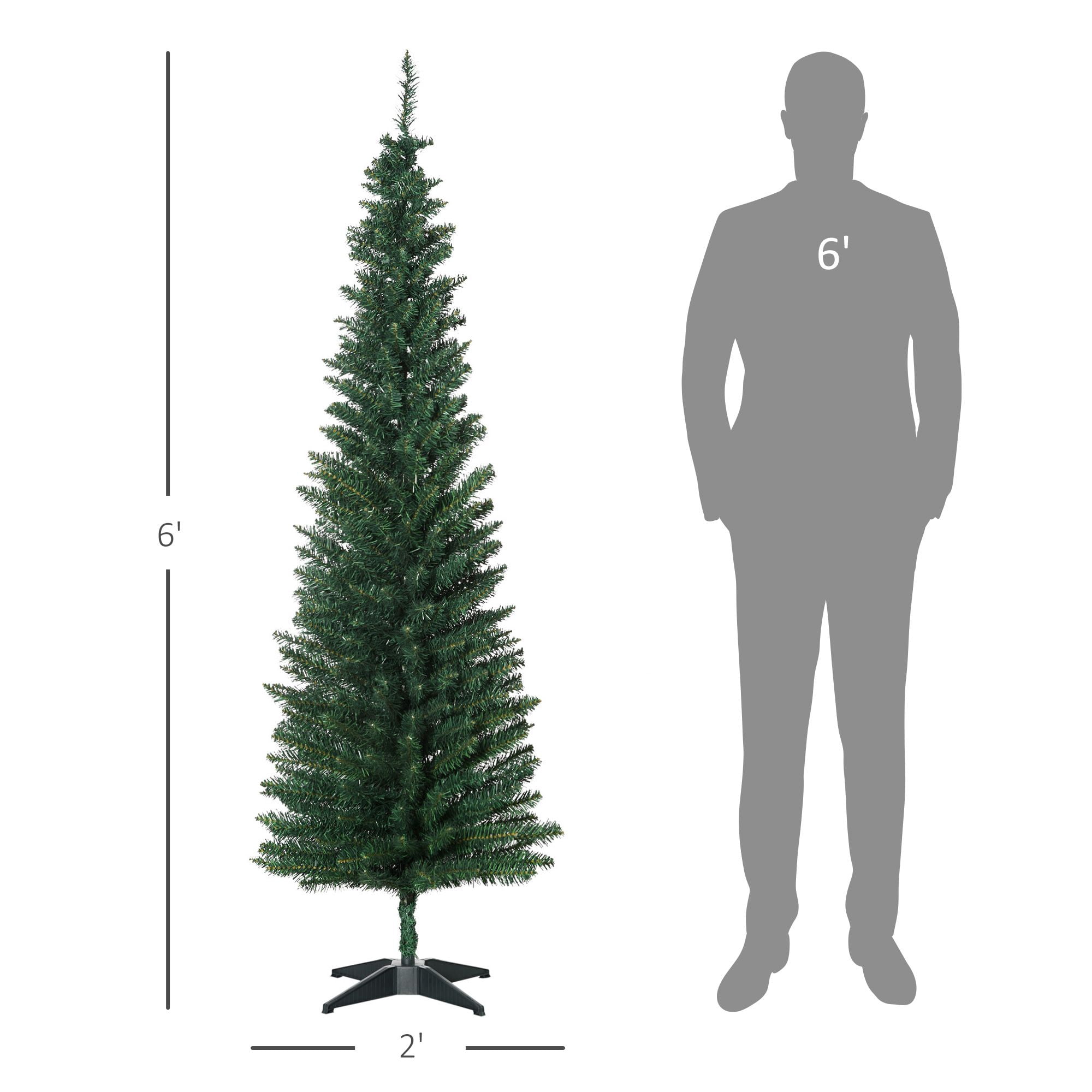 6Ft Pencil Christmas Tree, PVC Hinged Unlit Slim Artificial Christmas Tree for Home Party Holiday Decoration