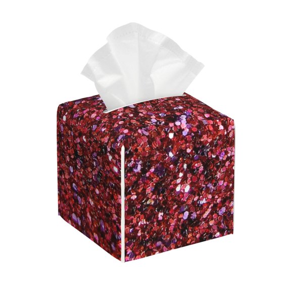 Rateoe Red Glitter Pattern Tissue Box Cover, Modern Square Decorative Leather Facial Paper Case Organizer Holder Dispenser 5X5X5''