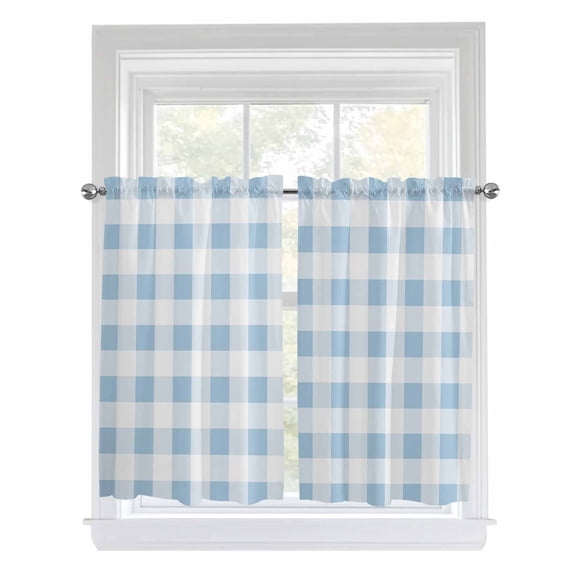 Kitchen Curtains 45 Inches length, Blue Checkered Window Treatment Curtain Drapes, Blue White Buffalo Plaid Lightweight Window Panels for Living Room Bedroom, 52"x45", 2 Panels