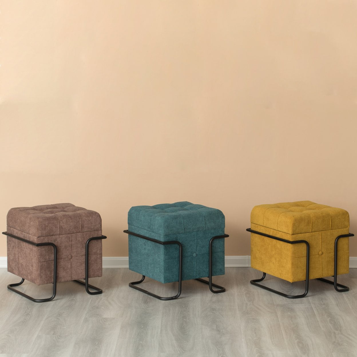 Square Fabric Storage Ottoman with Black Metal Frame