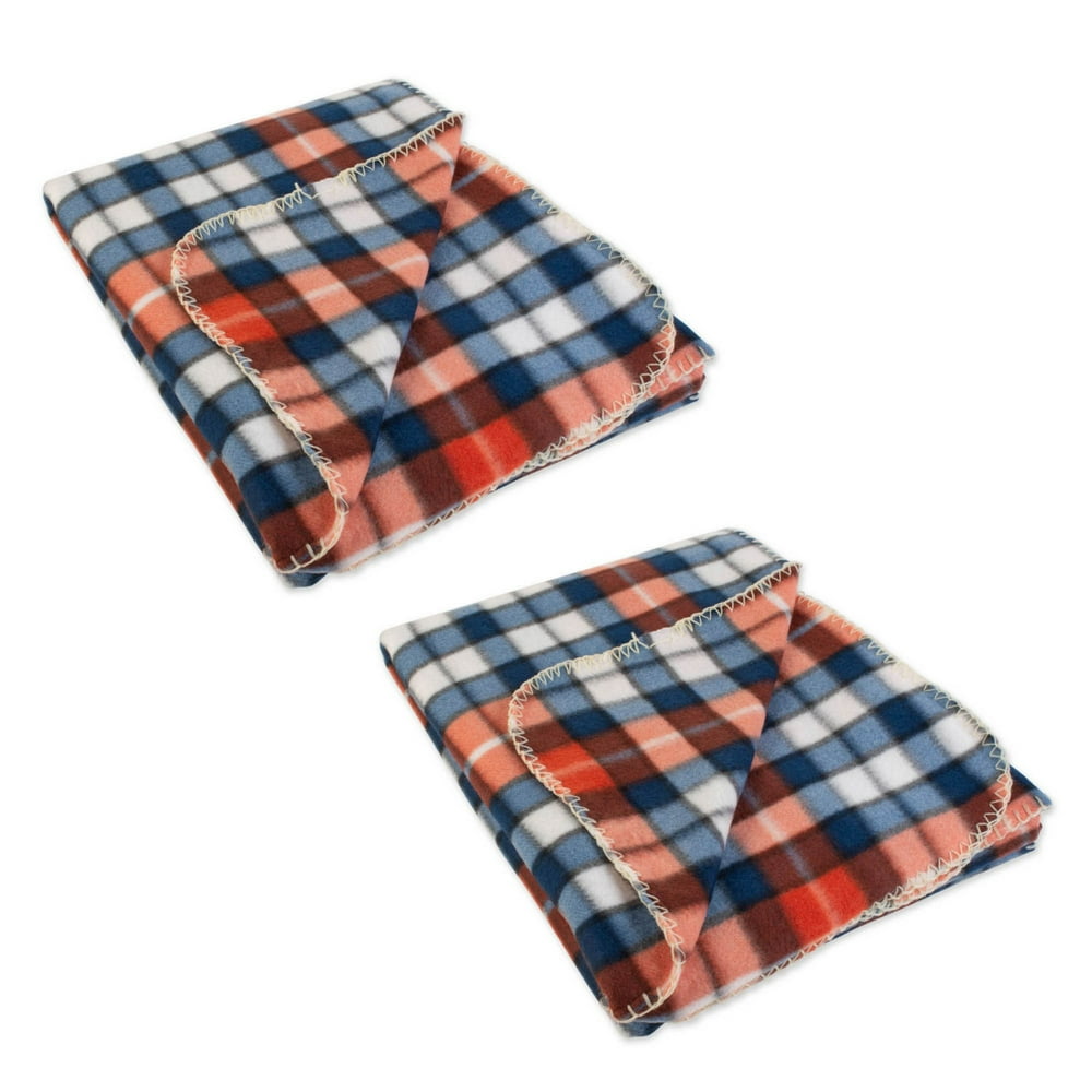 Set of 2 Orange and Navy Blue Harvest Prep Plaid Fleece Throw Blankets 50