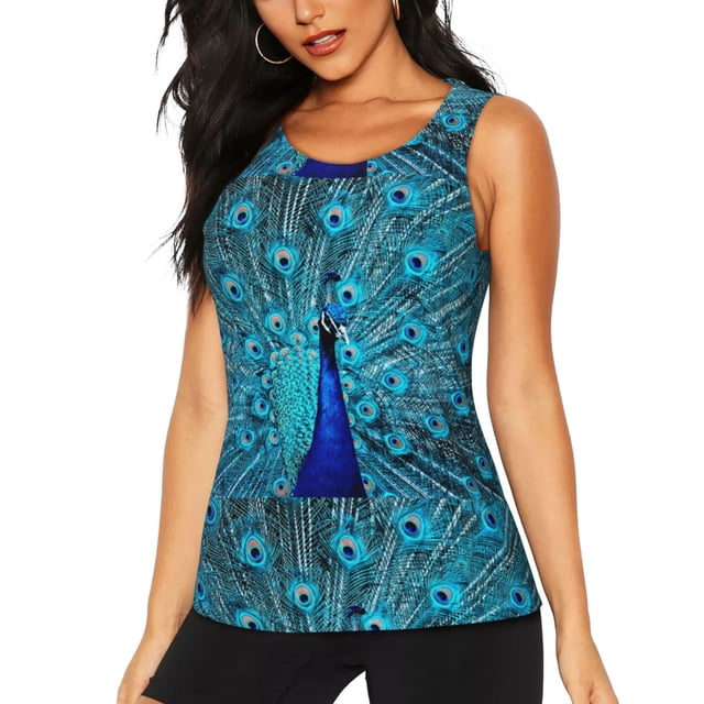 Fotbe Beautiful Blue Peacock Blusas Sin Mangas para Mujer – Estilo Casual, Corte Suelto, Slim-Fit, Cuello Redondo Deportivo, Tops de Verano para Gimnasio y Yoga-X-Large