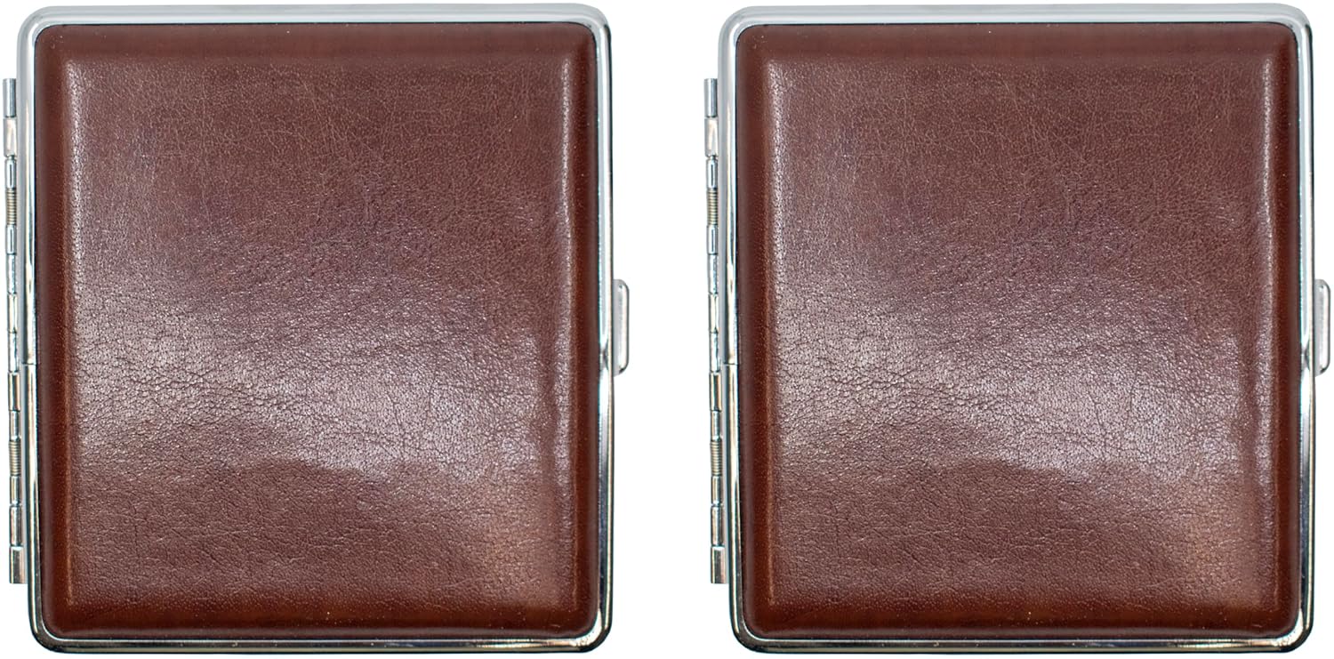 Set of 2 Metal-Plated King Size Leather Cigarette Case & Stash Box (Buffalo Brown)