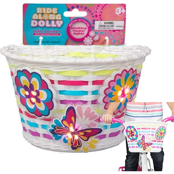 Ride Along Dolly Bike Basket w Lightups - Kids Bicycle Basket Accessories Gifts w Three Motion Activated Blinking Flowers & Butterfly - Fun Gift Ideas to Fill Your Easter Basket!